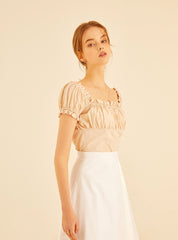 Smocked Linen Puff Sleeve Top With Square Neckline And Ruffle Details For Feminine Elegance