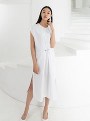 Sleeveless A-Line Linen Midi Dress with Asymmetric Hem and Box Pleats