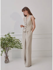 Sleeveless Linen Top With Fitted Waist And Button Front Detail