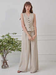 Sleeveless Linen Top With Fitted Waist And Button Front Detail