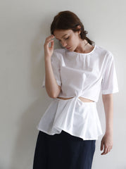 Linen Twist-Front Blouse with Peplum Hem and Cut-Out Waist Detail