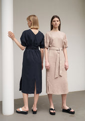 Women's Navy Linen Midi Dress – Short Sleeve Belted Dress with V-Back and Side Slit