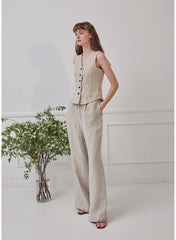 Sleeveless Linen Top With Fitted Waist And Button Front Detail