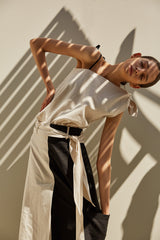 Elegant Two-Tone Colorblock Linen Midi Skirt With Side Slit and Tie Waist for Summer Style