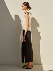 Elegant Two-Tone Colorblock Linen Midi Skirt With Side Slit and Tie Waist for Summer Style