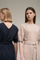 Women's Navy Linen Midi Dress – Short Sleeve Belted Dress with V-Back and Side Slit