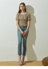 Off-Shoulder Shirred Linen Blouse with Puff Sleeves and Ruffle Hem for Relaxed Feminine Style