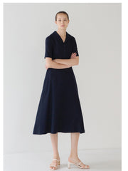 Elegant Button-Front Linen Midi Dress with Short Sleeves and Soft A-Line Silhouette