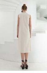 Sleeveless Linen Midi Dress With Side Button Details And Relaxed Fit For Minimalist Summer Style