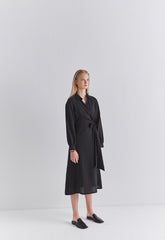 Elegant V-Neck Wrap Style Linen Midi Dress with Long Sleeves and Waist Tie Detail