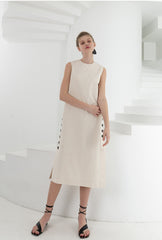 Sleeveless Linen Midi Dress With Side Button Details And Relaxed Fit For Minimalist Summer Style