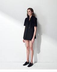Short-Sleeve Double-Breasted Linen Blazer with Structured Silhouette