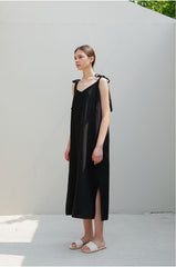 Sleeveless Linen Midi Dress with Side Slit and Tie Shoulder Straps – Lightweight Summer Style