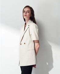 Tailored Short-Sleeve Linen Blazer With Notched Lapels And Double-Breasted Closure