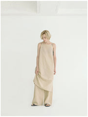 Sleeveless Linen Midi Dress with Side Slit and Tie-Back Detail for Women