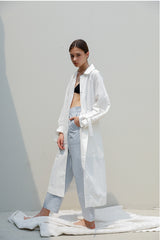 Chic Long Linen Shirt Dress for Women with Tie Cuffs and Button Front Closure