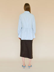 Women's Linen Button-Down Shirt with Gathered Waist and Long Sleeves – Tailored Fit Blouse