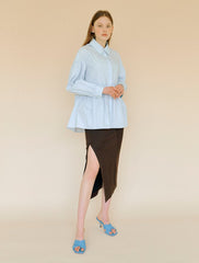 Women's Linen Button-Down Shirt with Gathered Waist and Long Sleeves – Tailored Fit Blouse