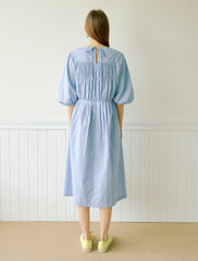 Women's Cotton Poplin Midi Dress with Gathered Bodice and Puff Sleeves – Summer A-Line Dress