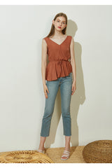 Sleeveless Wrap Linen Top with Adjustable Waist Tie and Flared Hem for Summer Elegance