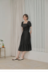 Off-Shoulder Cotton Poplin Midi Dress with Puff Sleeves and Flared Hem Detail