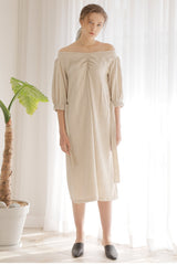 V-Neck Linen Midi Dress With Puff Sleeves and Waist Tie Belt