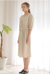 V-Neck Linen Midi Dress With Puff Sleeves and Waist Tie Belt