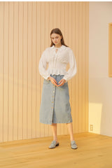 Smocked Waist Linen Blouse With Statement Collar and Long Puff Sleeves