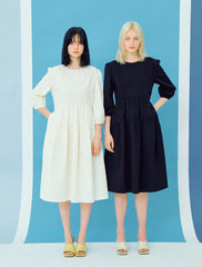 Women's White Linen Tiered Midi Dress with Puff Sleeves and Round Neck – Lightweight Summer Fit