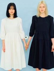 Women's White Linen Tiered Midi Dress with Puff Sleeves and Round Neck – Lightweight Summer Fit