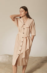 Elegant Button-Front Linen Dress with Belted Waist and Oversized Collar Detail
