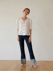 Women's Linen Blouse with Puff Elbow-Length Sleeves and Button Front – Lightweight Summer Top