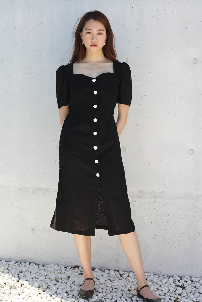sweetheart linen midi dress Puff-Sleeve Sweetheart Linen Midi Dress