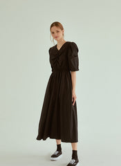 Cotton Poplin Midi Dress with V-Neckline, Ruched Bodice and Puff Sleeves for Everyday Elegance