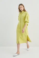 Long-Sleeve Linen Midi Shirt Dress With Drawstring Waist and Notch Collar
