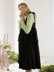 Square-Neck Linen Midi Dress with Tiered Overlay and Shoulder Tie Detail