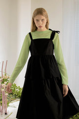 Square-Neck Linen Midi Dress with Tiered Overlay and Shoulder Tie Detail