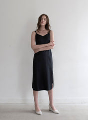 Elegant Silk Satin Midi Dress with Double Strap Back and Side Slits