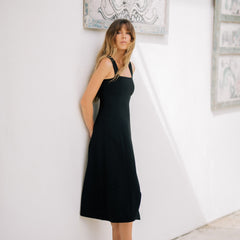 Women's Linen Midi Dress with Tailored Fit and Elegant Draped Back