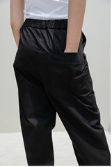 High-Rise Relaxed Fit Linen Pants with Elastic Waistband and Patch Pockets for Women