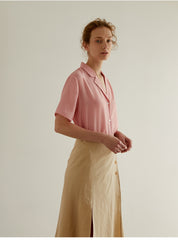 Short Sleeve Button-Down Linen Blouse with Relaxed Fit and Notched Collar for Women