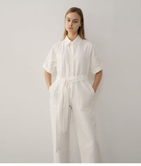Tailored Belted Linen Jumpsuit with Short Sleeves and Pocket Detail for Effortless Chic