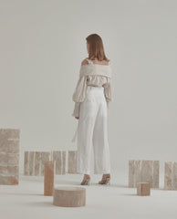 Round-Neck Linen Blouse With Three-Quarter Sleeves and Back Keyhole Detail