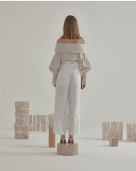 Round-Neck Linen Blouse With Three-Quarter Sleeves and Back Keyhole Detail