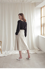 High-Waisted Linen Midi Skirt with Belted Waist and Structured A-Line Silhouette for Women