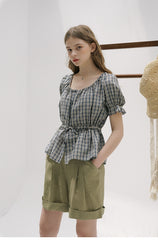 Puff Sleeve Linen Blouse with Square Neckline and Adjustable Waist Tie Detail