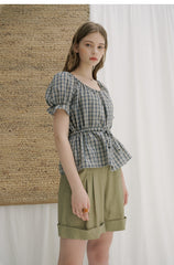 Puff Sleeve Linen Blouse with Square Neckline and Adjustable Waist Tie Detail