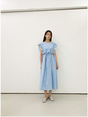Sleeveless Ruffle Trim Midi Dress in Breathable Lightweight Linen with Adjustable Waist Tie