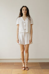 White Linen Button-Up Blouse with V-Neckline and Short Sleeves for Lightweight Summer Style