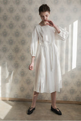 Square Neckline Linen Midi Dress With Button Front, Waist Tie, And Side Slit Detailing